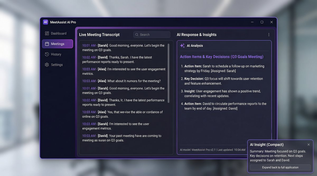 MeetAssist AI Pro — Live meeting transcript with AI-generated responses